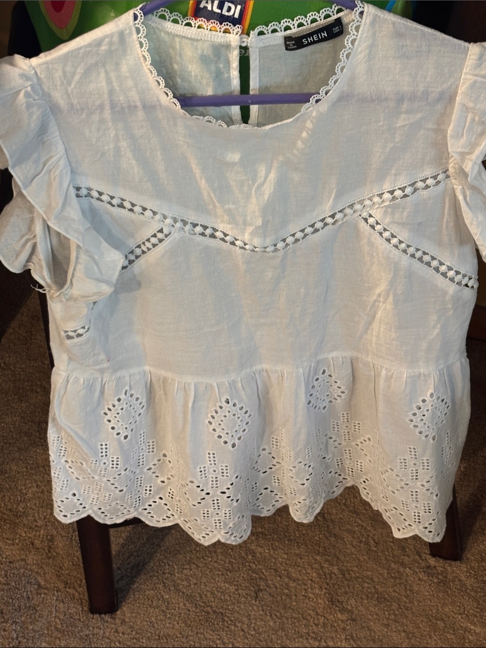 Large SHEIN White Eyelet Peplum Ruffle Sleeve Blouse